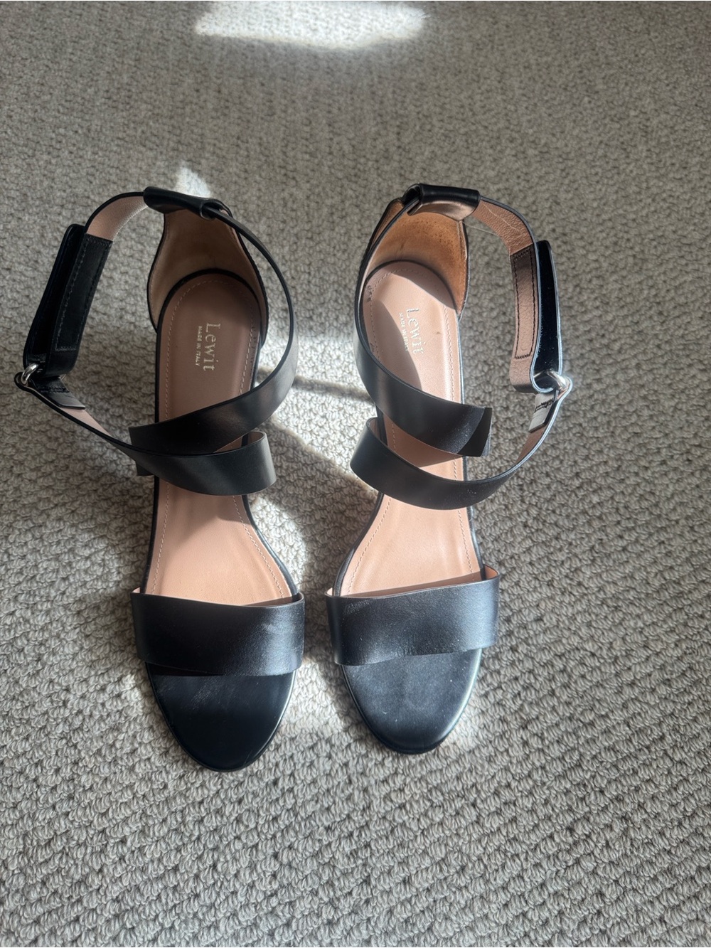 Lewit Black Leather Ankle-Strap Block Heel Sandals